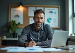 Индивидуальный предприниматель с документами и компьютером, символизирующий правильное использование грантов