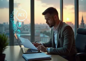 Предприниматель в Москве работает с документами на фоне символов налоговых льгот грантов и субсидий на фоне городского пейзажа Москвы