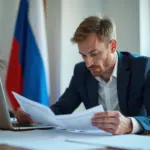 Предприниматель в России с документами, символизирующими государственную поддержку индивидуального предпринимателя