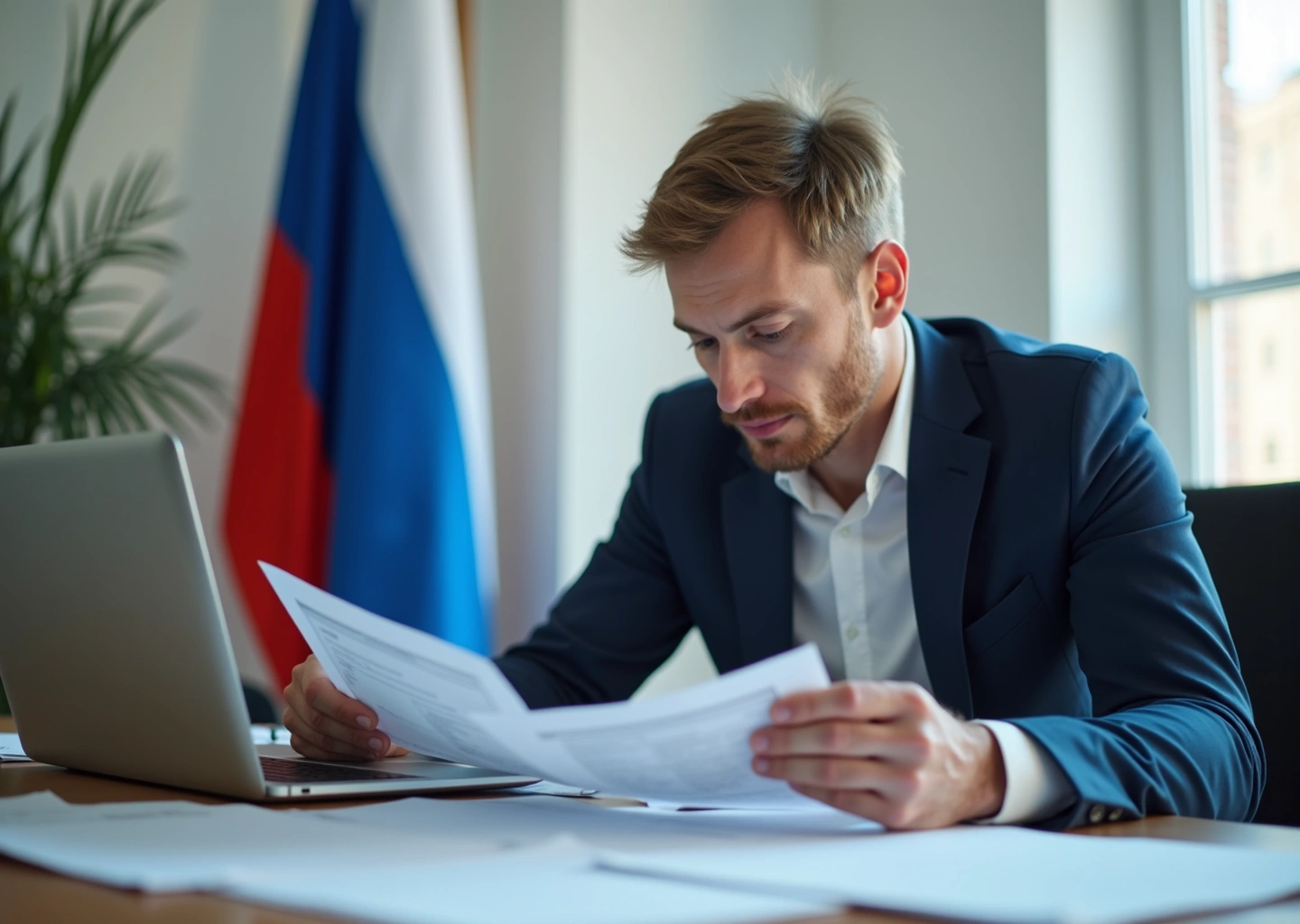 Предприниматель в России с документами, символизирующими государственную поддержку индивидуального предпринимателя