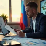 Предприниматель за работой над маркетинговым планом для заявки на грант в России
