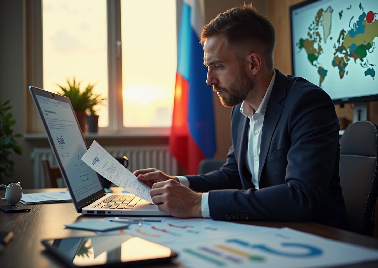 Предприниматель за работой над маркетинговым планом для заявки на грант в России