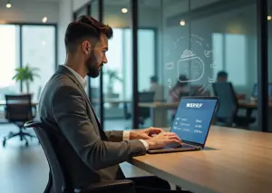 Предприниматель работает на ноутбуке с цифровой платформой МСП.РФ, символы поддержки и финансовых программ