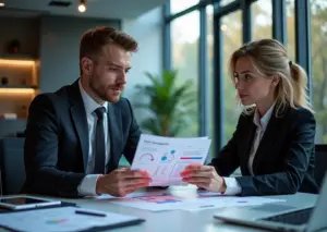 Бизнес-консультант объясняет ошибки в бизнес-плане предпринимателю в офисе