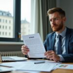 Индивидуальный предприниматель за столом рассматривает письмо с печатью Отказ, на столе ноутбук с планом бизнеса и брошюры о соцконтракте, офис и вид на здание муниципальной службы