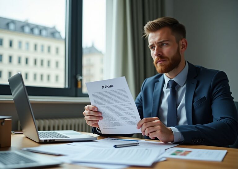 Индивидуальный предприниматель за столом рассматривает письмо с печатью Отказ, на столе ноутбук с планом бизнеса и брошюры о соцконтракте, офис и вид на здание муниципальной службы