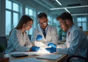 Предприниматель и исследователь обсуждают инновационный ваучер в лаборатории рядом с ноутбуком и прототипом