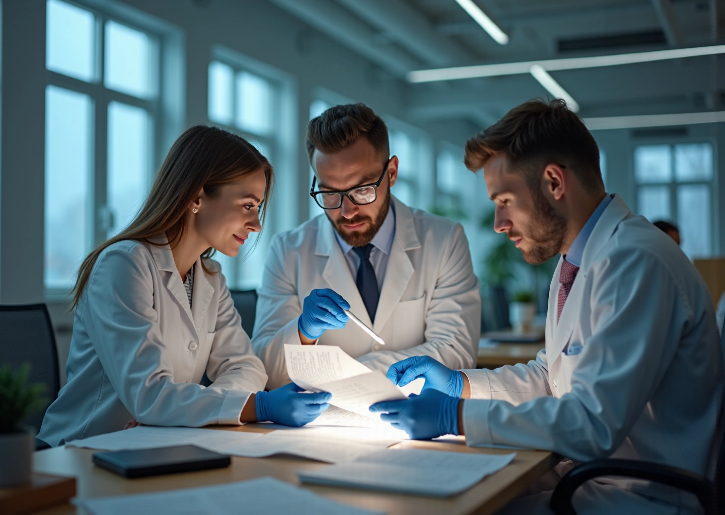 Предприниматель и исследователь обсуждают инновационный ваучер в лаборатории рядом с ноутбуком и прототипом