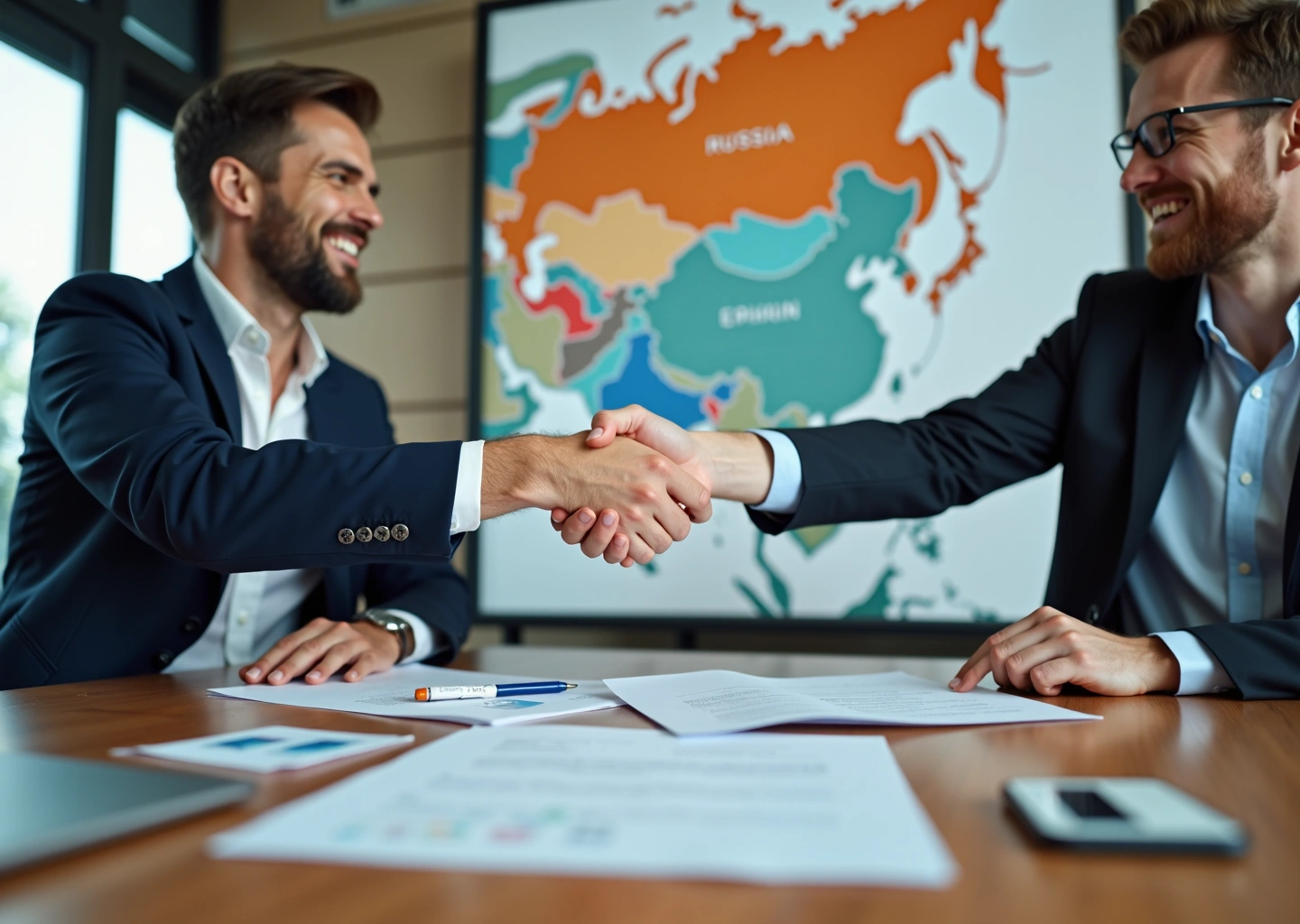 Предприниматель подписывает соглашение о субсидии на создание рабочих мест в офисе на фоне карты федеральных округов России