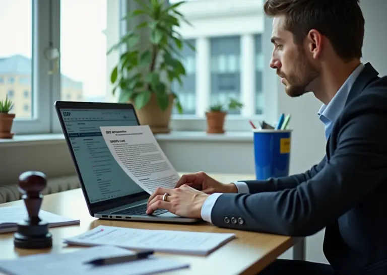 Индивидуальный предприниматель за столом изучает выписку из ЕГРИП и список ОКВЭД перед подачей заявки на грант