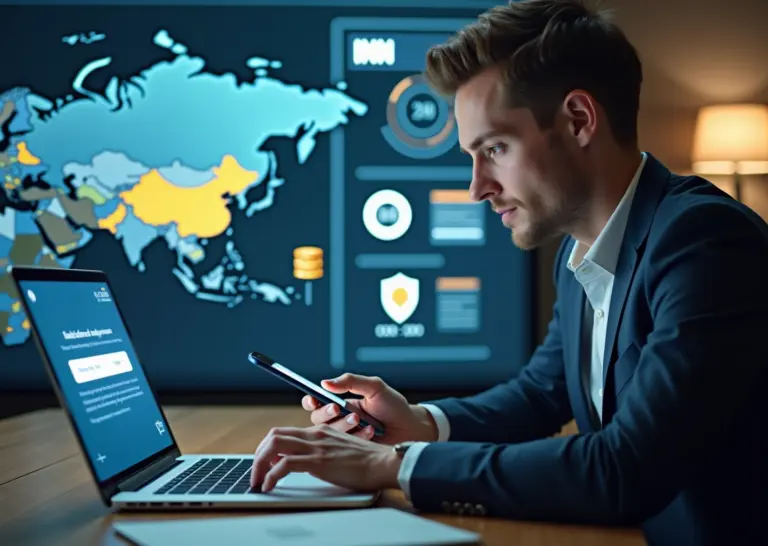 Предприниматель проверяет навигатор мер поддержки по ИНН на ноутбуке: интерфейс с результатами, иконки грантов и налоговых льгот на фоне карты России