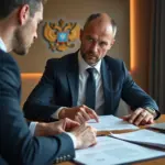 Индивидуальный предприниматель и инспектор просматривают документы о гранте в офисе, на столе ноутбук, договора и банковские выписки