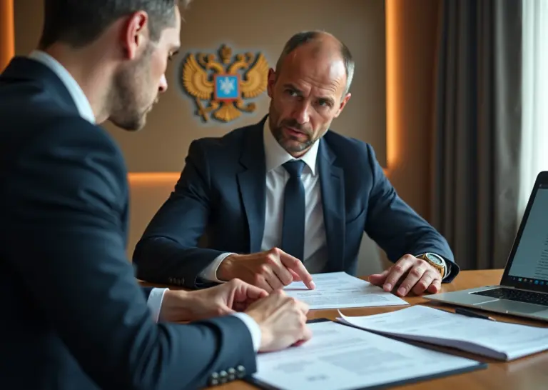 Индивидуальный предприниматель и инспектор просматривают документы о гранте в офисе, на столе ноутбук, договора и банковские выписки