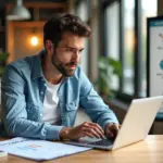 Предприниматель в центре поддержки Мой бизнес с документами на грант, ноутбуком и калькулятором