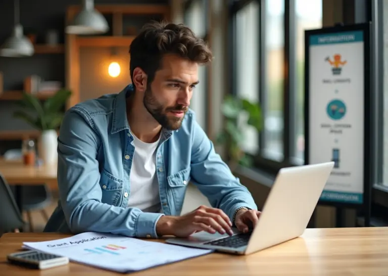 Предприниматель в центре поддержки Мой бизнес с документами на грант, ноутбуком и калькулятором