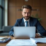 Предприниматель за столом с документами и папкой «Господдержка», калькулятор и банковская выписка на переднем плане, государственное здание на заднем фоне