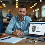 Предприниматель за ноутбуком с открытой страницей МСП.РФ, образцы продукции и деловая встреча на фоне склада, символы поиска поставщиков и заказчиков