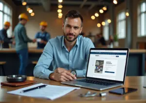 Предприниматель за ноутбуком с открытой страницей МСП.РФ, образцы продукции и деловая встреча на фоне склада, символы поиска поставщиков и заказчиков