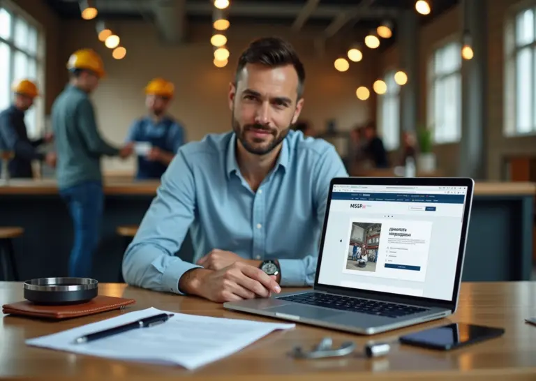 Предприниматель за ноутбуком с открытой страницей МСП.РФ, образцы продукции и деловая встреча на фоне склада, символы поиска поставщиков и заказчиков