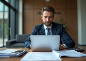 Предприниматель за столом с документами и папкой «Господдержка», калькулятор и банковская выписка на переднем плане, государственное здание на заднем фоне