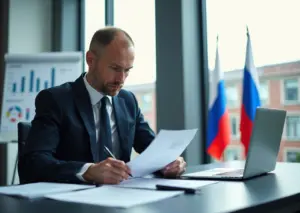 Российский предприниматель заполняет документы для получения государственной поддержки в офисе