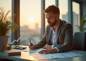 Предприниматель в Татарстане изучает документы по поддержке малого бизнеса, с изображениями графиков и символов экономического роста