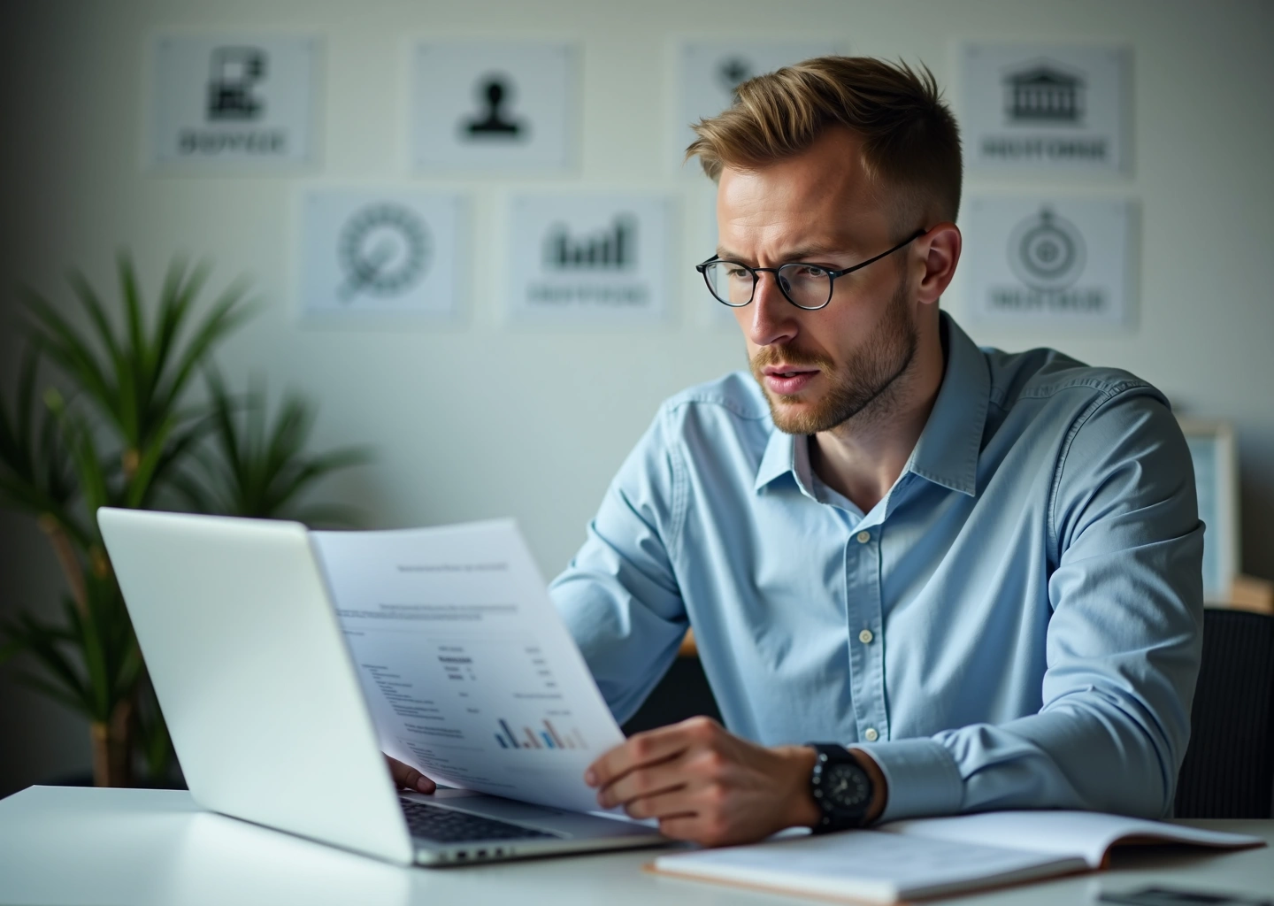 Индивидуальный предприниматель России рассматривает документы по кредиту на фоне символов государственной поддержки