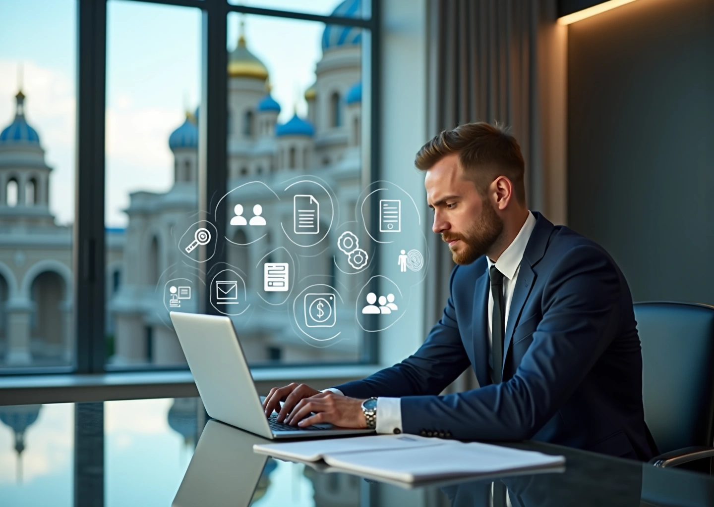 Индивидуальный предприниматель в России за ноутбуком на фоне символов налоговых льгот, грантов и субсидий