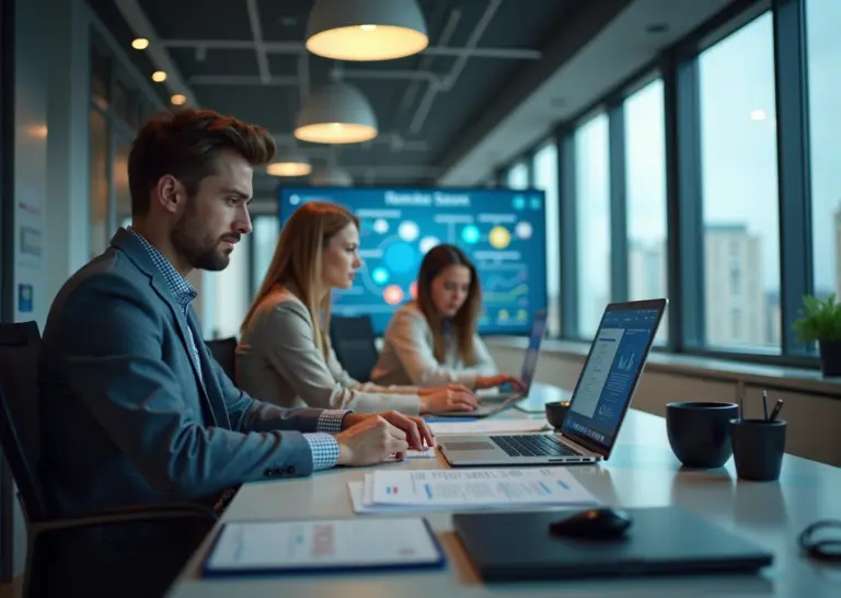 Молодые IT-специалисты работают в современном офисе с финансовыми документами и символами государственной поддержки