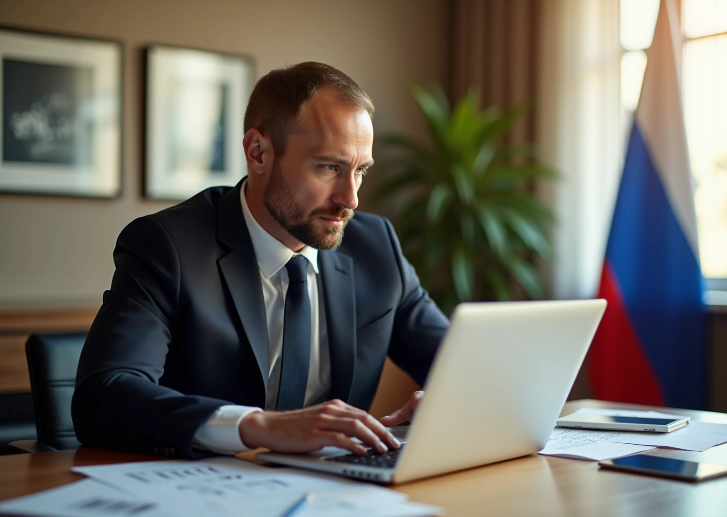 Русский предприниматель за ноутбуком в офисе с документами поддержки бизнеса и флагом России на заднем плане